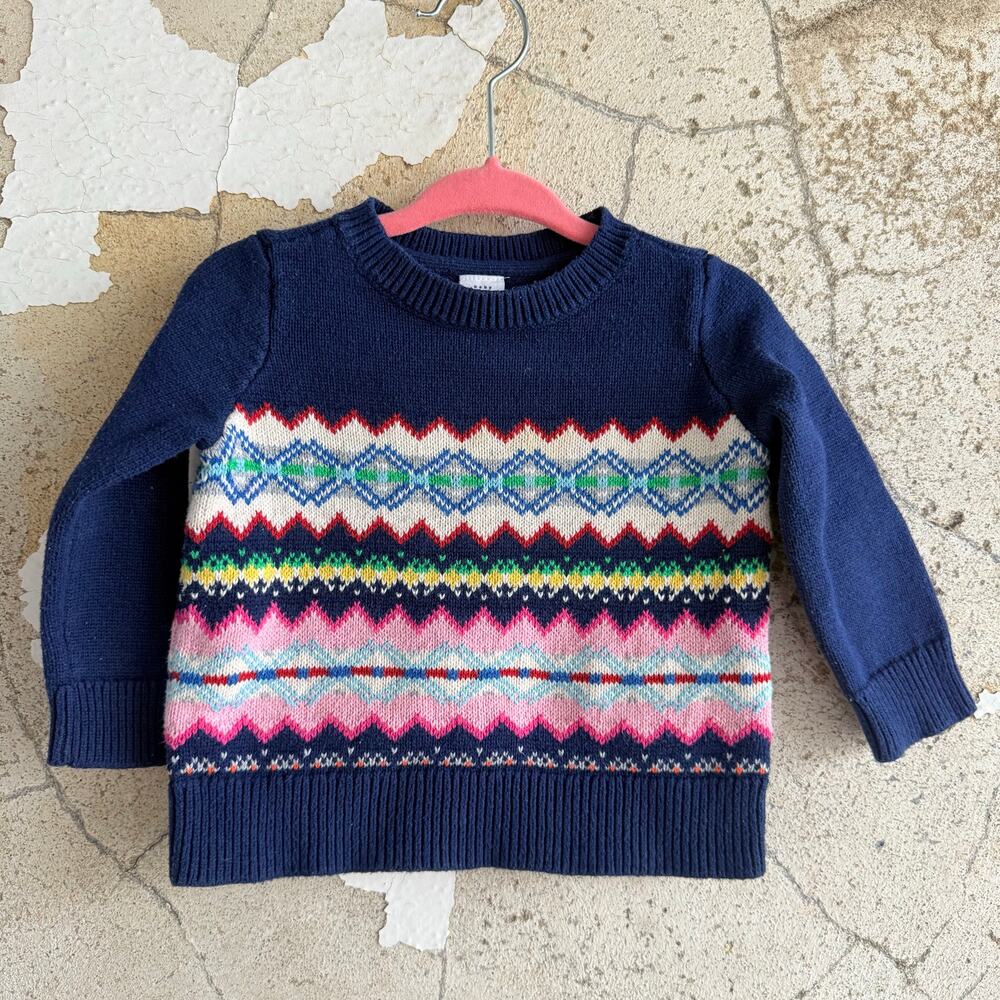 Baby Gap Sweater Fair Isle Holiday Pullover Navy Pink Girls 12-18 Months Winter